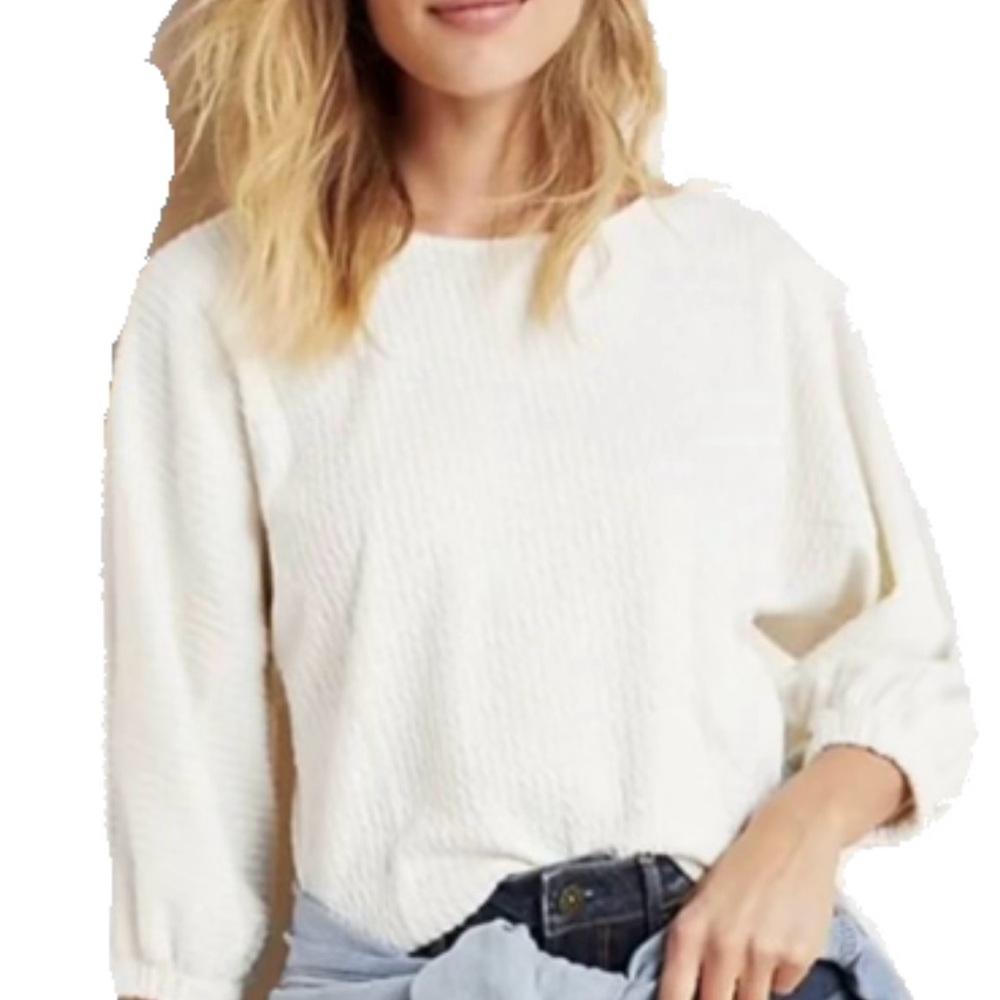 Anthropologie Cream 3/4 Sleeve Textured Blouse